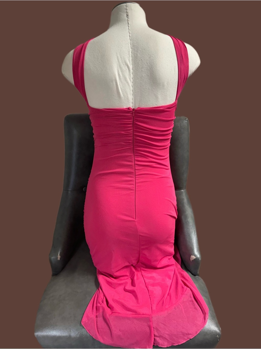Sleeveless Hot Pink Ruched High-Low Ruffle Dress - Picture 2 of 5